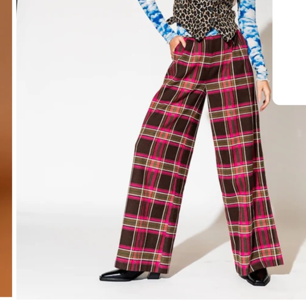 Lover’s Lane Plaid Wide Leg Trouser in Pink-Medium